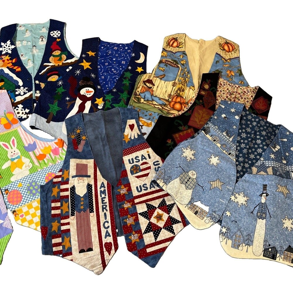 Lot Of 7 Womens Handmade VTG Patchwork Vests Size L Teacher Xmas Fall Halloween